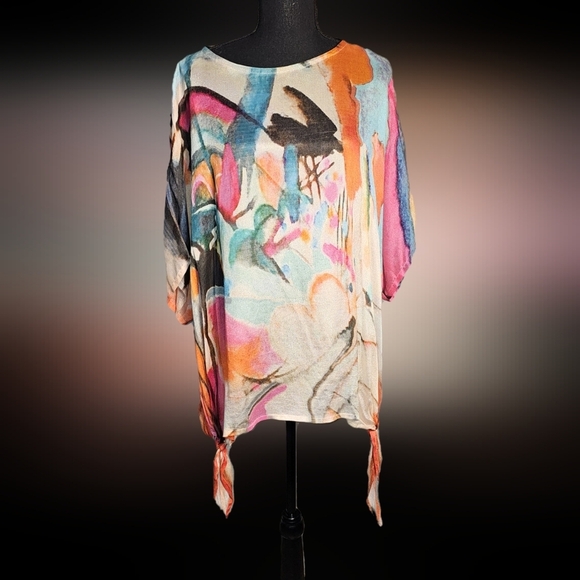 Chic Multicolor Abstract Drop Sleeve Sheer Sort Sleeve Blouse XL - Picture 1 of 10